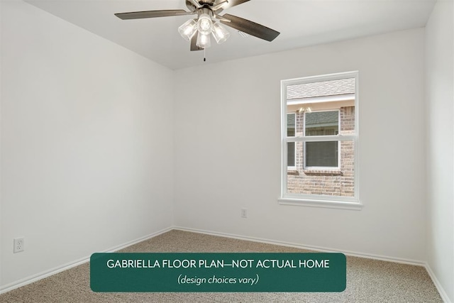 empty room with carpet floors, baseboards, and a ceiling fan