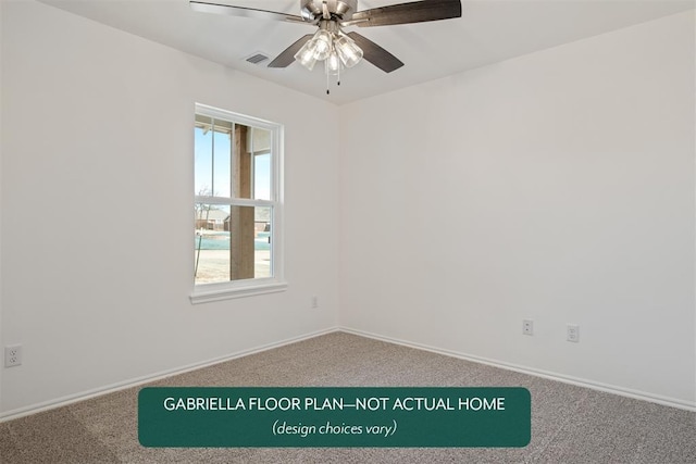 carpeted spare room featuring ceiling fan, visible vents, and baseboards