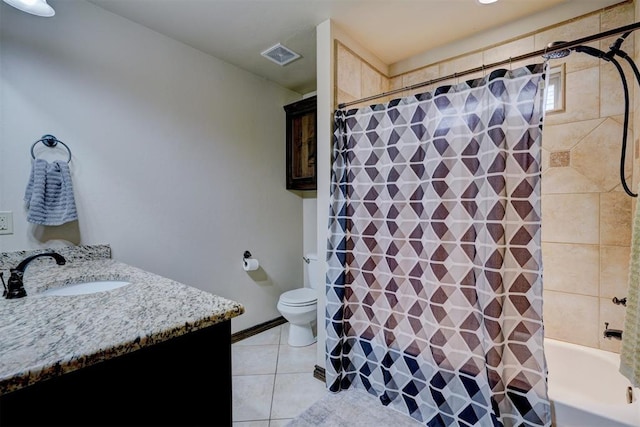 full bathroom with visible vents, toilet, shower / bath combo, vanity, and tile patterned floors