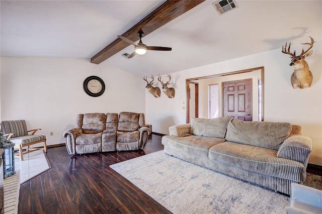 living room with vaulted ceiling with beams, visible vents, a ceiling fan, wood finished floors, and baseboards