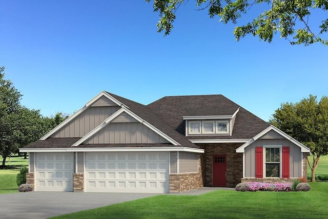 craftsman-style home featuring a garage, concrete driveway, a front yard, board and batten siding, and brick siding