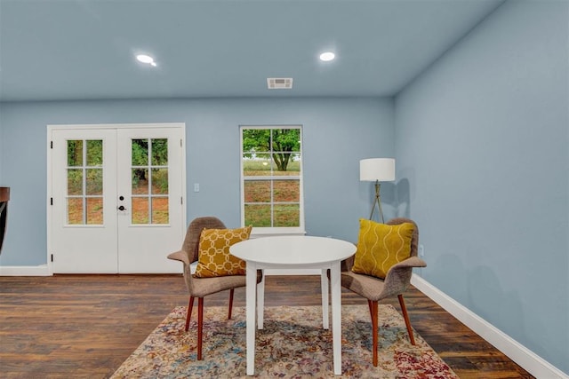 sitting room featuring baseboards, visible vents, dark wood-style floors, french doors, and recessed lighting