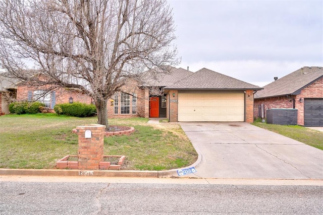 ranch-style home with driveway, a shingled roof, a front lawn, a garage, and brick siding