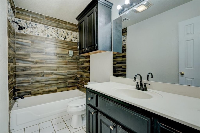 bathroom featuring visible vents, toilet, tile patterned flooring, bathing tub / shower combination, and vanity