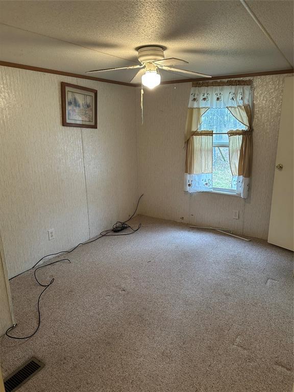 empty room with a textured ceiling, carpet floors, visible vents, and a ceiling fan