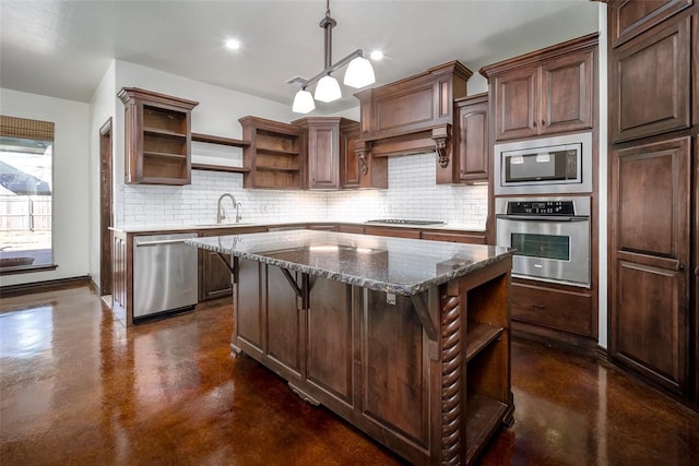 3520 SW 123rd Pl, Oklahoma City, OK 73170 - kitchen with finished concrete flooring, tasteful backsplash, appliances with stainless steel finishes, a center island, and open shelves