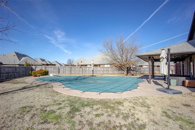 3520 SW 123rd Pl, Oklahoma City, OK 73170 - view of pool with a fenced in pool, a yard, a fenced backyard, and a patio