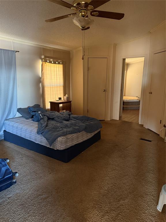 carpeted bedroom featuring ensuite bath, ceiling fan, a textured ceiling, and crown molding