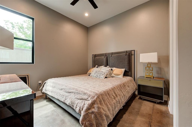 bedroom featuring recessed lighting, ceiling fan, and baseboards