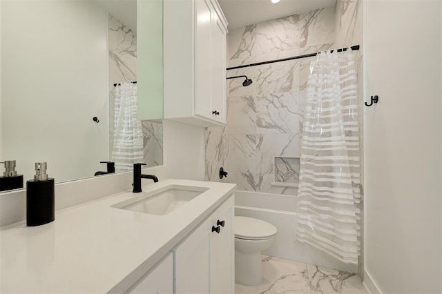 full bath with marble finish floor, shower / tub combo, vanity, and toilet