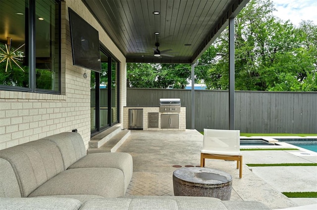 view of patio featuring a fenced in pool, area for grilling, a ceiling fan, a grill, and fence