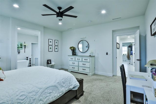 bedroom featuring recessed lighting, light colored carpet, visible vents, and baseboards