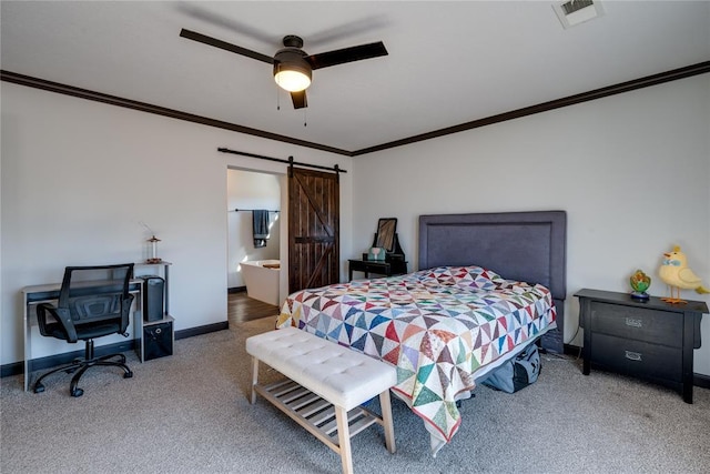 carpeted bedroom with crown molding, visible vents, a barn door, ceiling fan, and baseboards