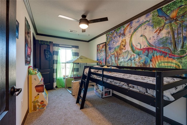 carpeted bedroom with ornamental molding, visible vents, and a ceiling fan