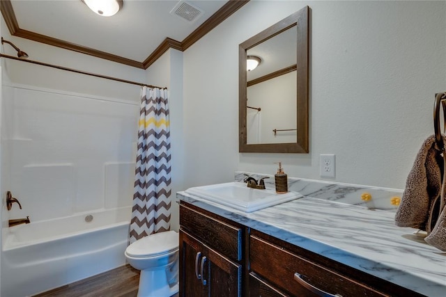 full bathroom with toilet, visible vents, vanity, ornamental molding, and shower / bath combo with shower curtain