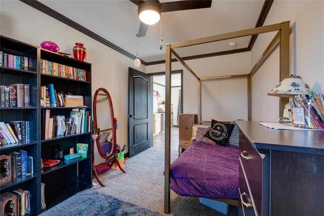 carpeted bedroom featuring ornamental molding