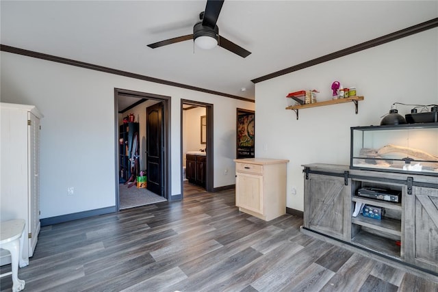 kitchen featuring wood finished floors, a ceiling fan, baseboards, ornamental molding, and open shelves