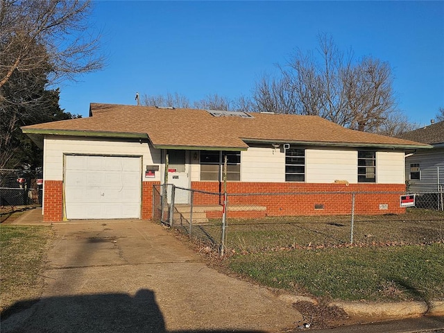 ranch-style house featuring a garage, a fenced front yard, concrete driveway, and brick siding