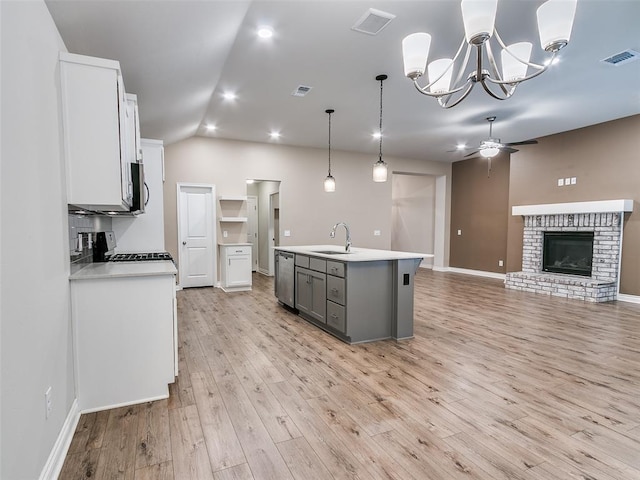 kitchen featuring light countertops, visible vents, gray cabinetry, appliances with stainless steel finishes, and a sink