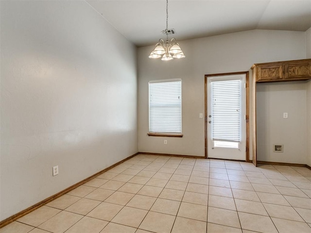 doorway to outside featuring light tile patterned floors, visible vents, an inviting chandelier, vaulted ceiling, and baseboards