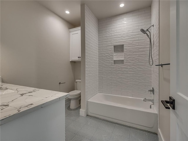 full bathroom featuring toilet, shower / tub combination, tile patterned floors, vanity, and recessed lighting