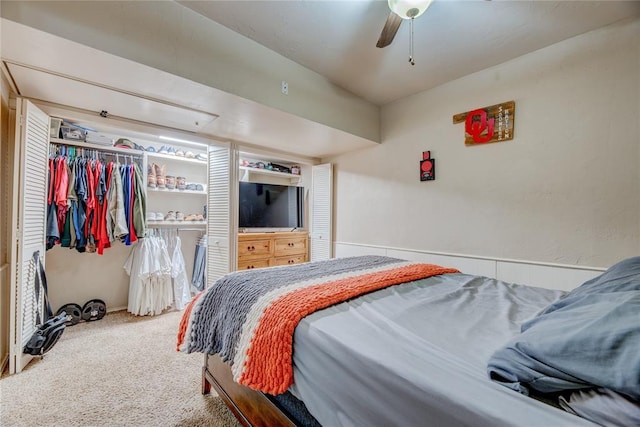 bedroom featuring carpet floors, a closet, and a ceiling fan