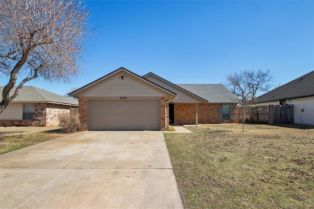 ranch-style home with concrete driveway, an attached garage, fence, a front lawn, and brick siding