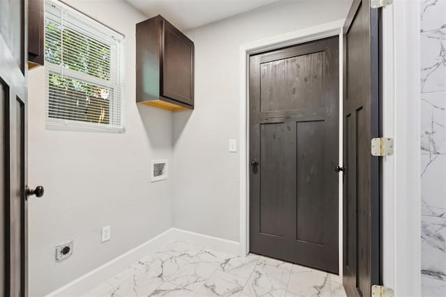 laundry room with hookup for a washing machine, baseboards, marble finish floor, cabinet space, and electric dryer hookup