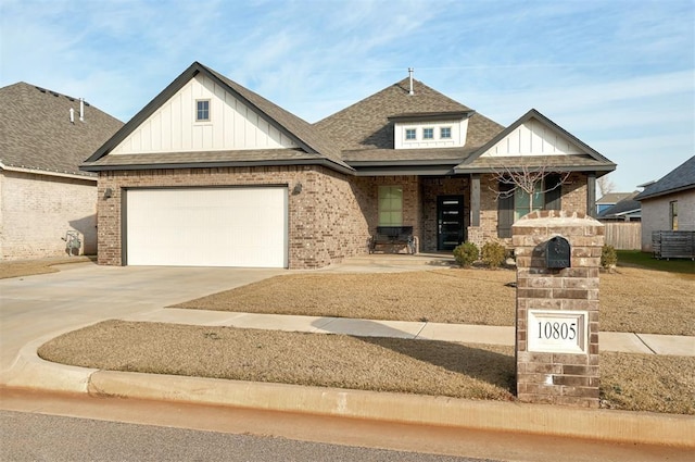 view of front of house featuring concrete driveway, brick siding, board and batten siding, and a shingled roof