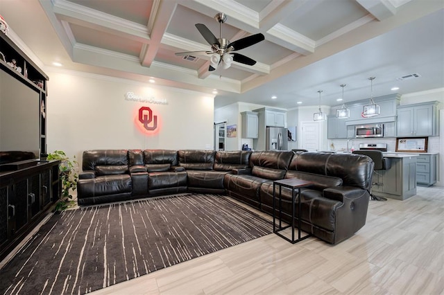 living area with beam ceiling, recessed lighting, visible vents, ornamental molding, and coffered ceiling