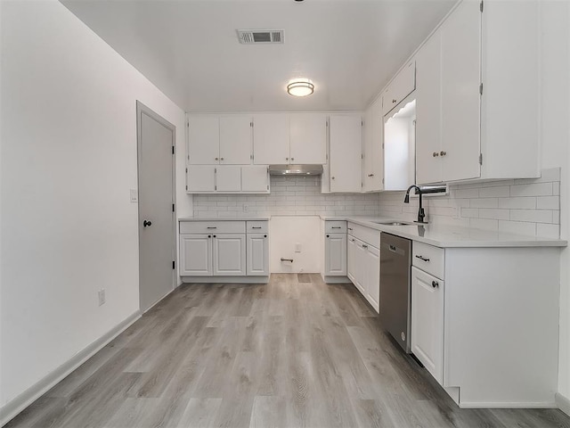 kitchen featuring stainless steel dishwasher, visible vents, white cabinets, and a sink