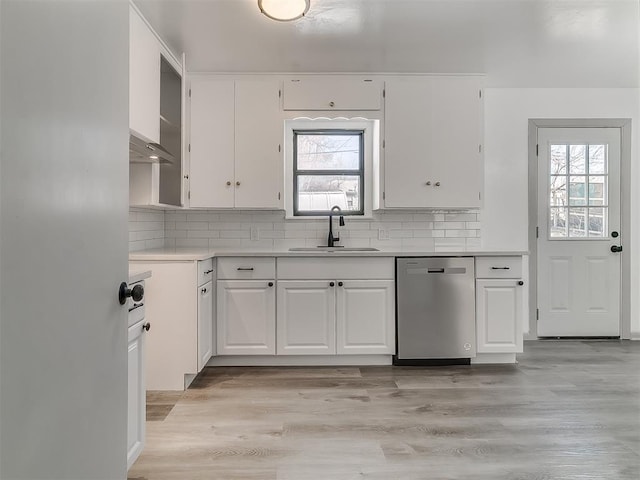 kitchen with a sink, tasteful backsplash, white cabinetry, and dishwasher