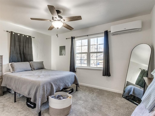 bedroom featuring carpet floors, a ceiling fan, baseboards, electric panel, and a wall mounted air conditioner
