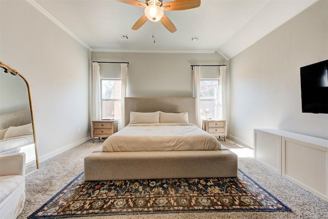 bedroom featuring multiple windows, visible vents, and ornamental molding