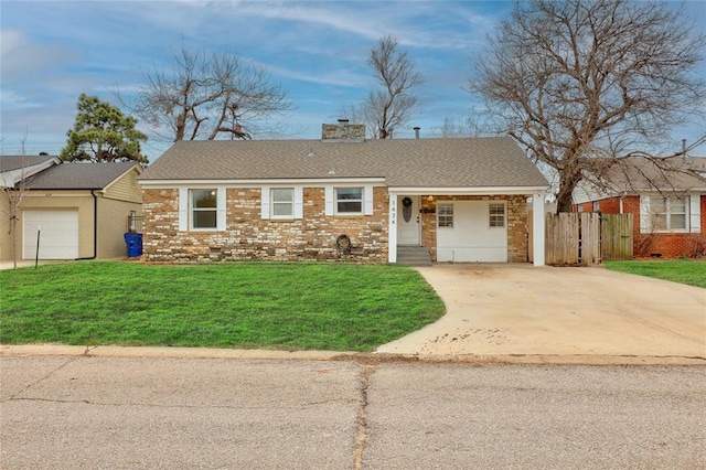 ranch-style home featuring concrete driveway, a chimney, crawl space, fence, and a front lawn