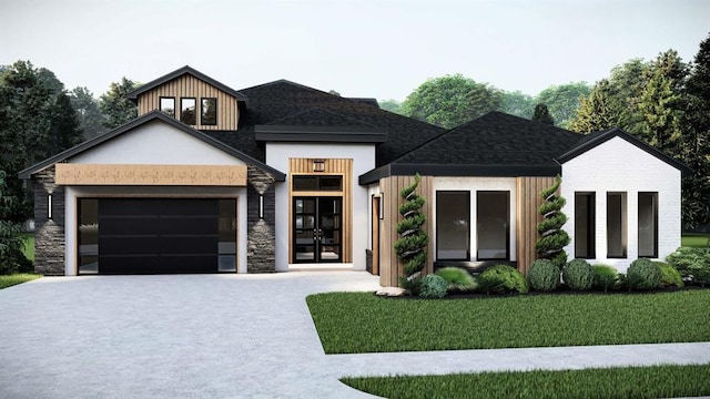 view of front of property featuring concrete driveway, stone siding, and an attached garage