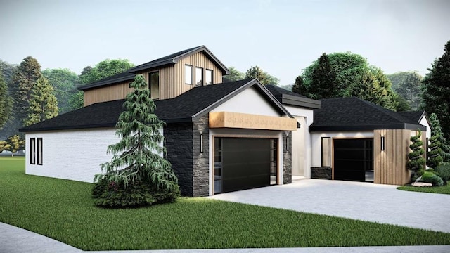 view of front of home with a front yard, stone siding, driveway, and an attached garage