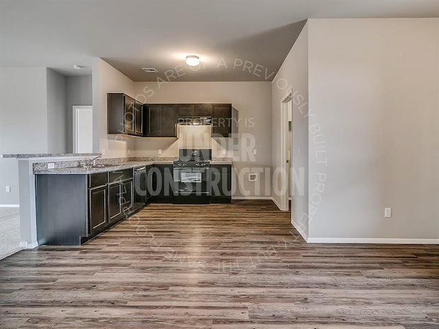 kitchen with wood finished floors, black range with gas stovetop, a sink, and baseboards