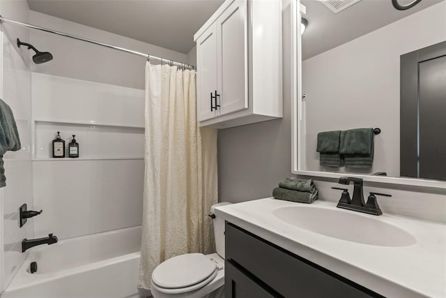 full bath featuring toilet, shower / bath combo, visible vents, and vanity