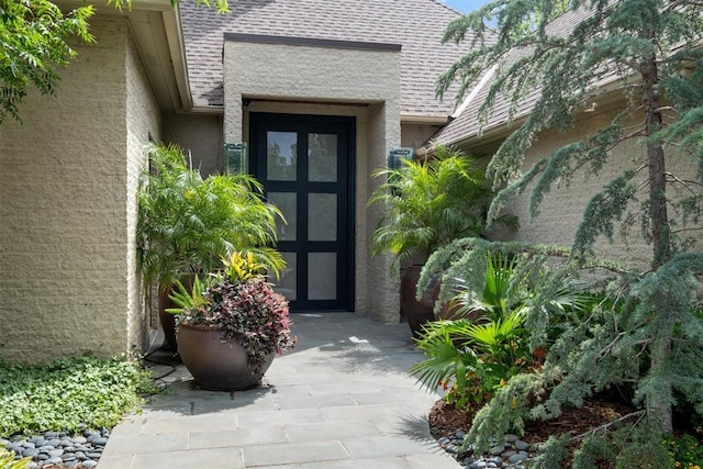 view of exterior entry with a shingled roof and stucco siding