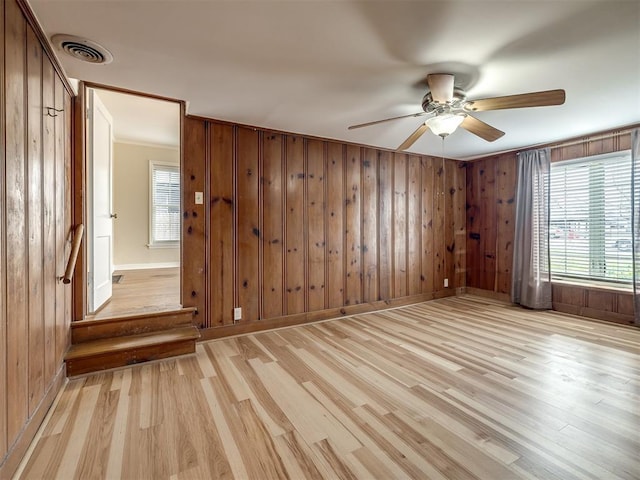 unfurnished room featuring light wood-style flooring, a ceiling fan, and wood walls