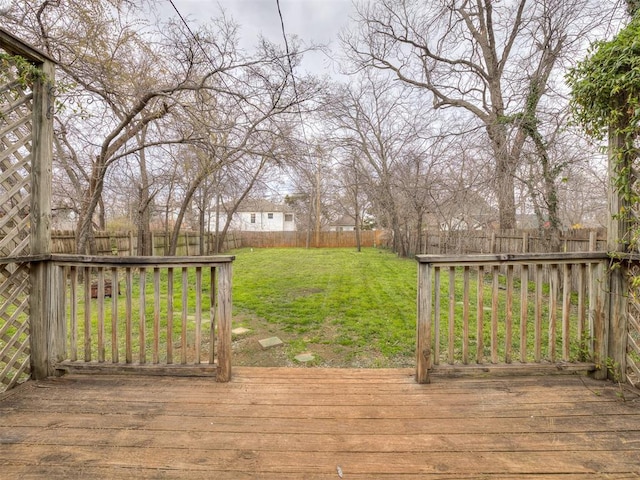 wooden deck featuring a lawn and a fenced backyard