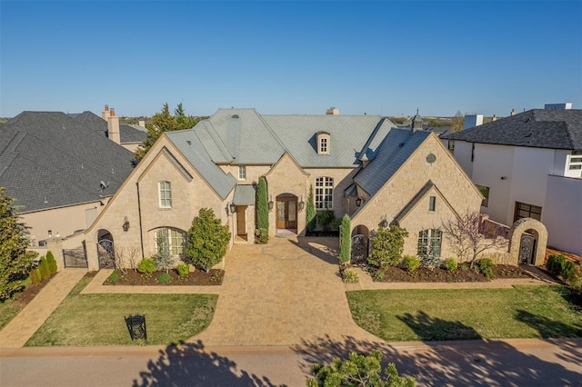 french country style house featuring stone siding, a gate, fence, decorative driveway, and a front lawn