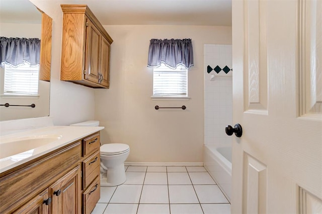 full bath with baseboards, vanity, toilet, and tile patterned floors