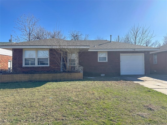 single story home with a garage, brick siding, driveway, and a front yard