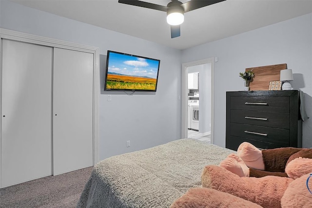 carpeted bedroom featuring ceiling fan and a closet