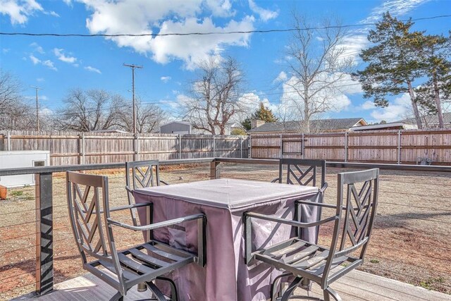 wooden deck featuring outdoor dining area and a fenced backyard