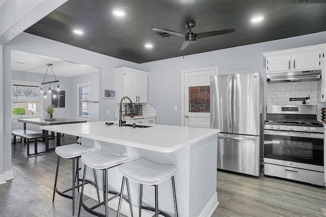 kitchen featuring under cabinet range hood, a breakfast bar, light wood-style floors, light countertops, and appliances with stainless steel finishes