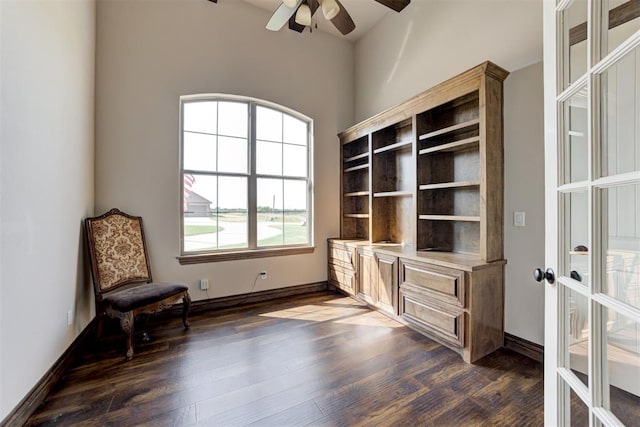 unfurnished room with dark wood-type flooring, french doors, baseboards, and a ceiling fan