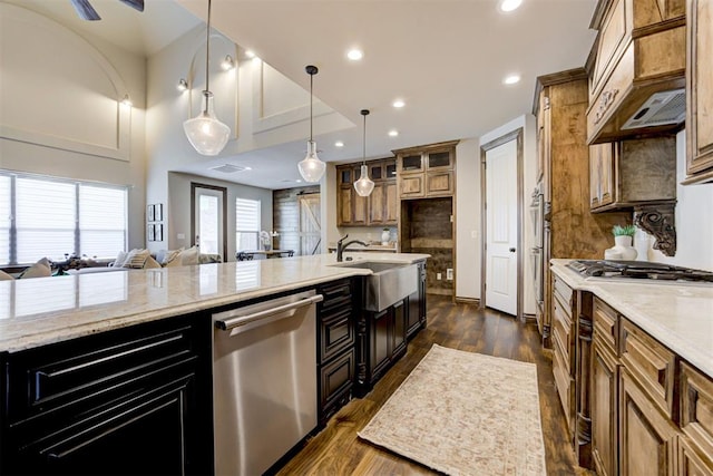 kitchen featuring dark wood-style floors, recessed lighting, a sink, and stainless steel dishwasher